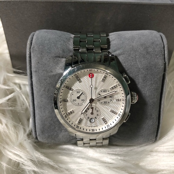 Michele Silver Chronograph Watch with Red Accent